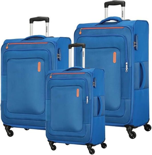 American Tourister Duncan Set of 3, Soft Luggage Trolley Bags With TSA Lock, 55+68+81cm, Blue - Bag X